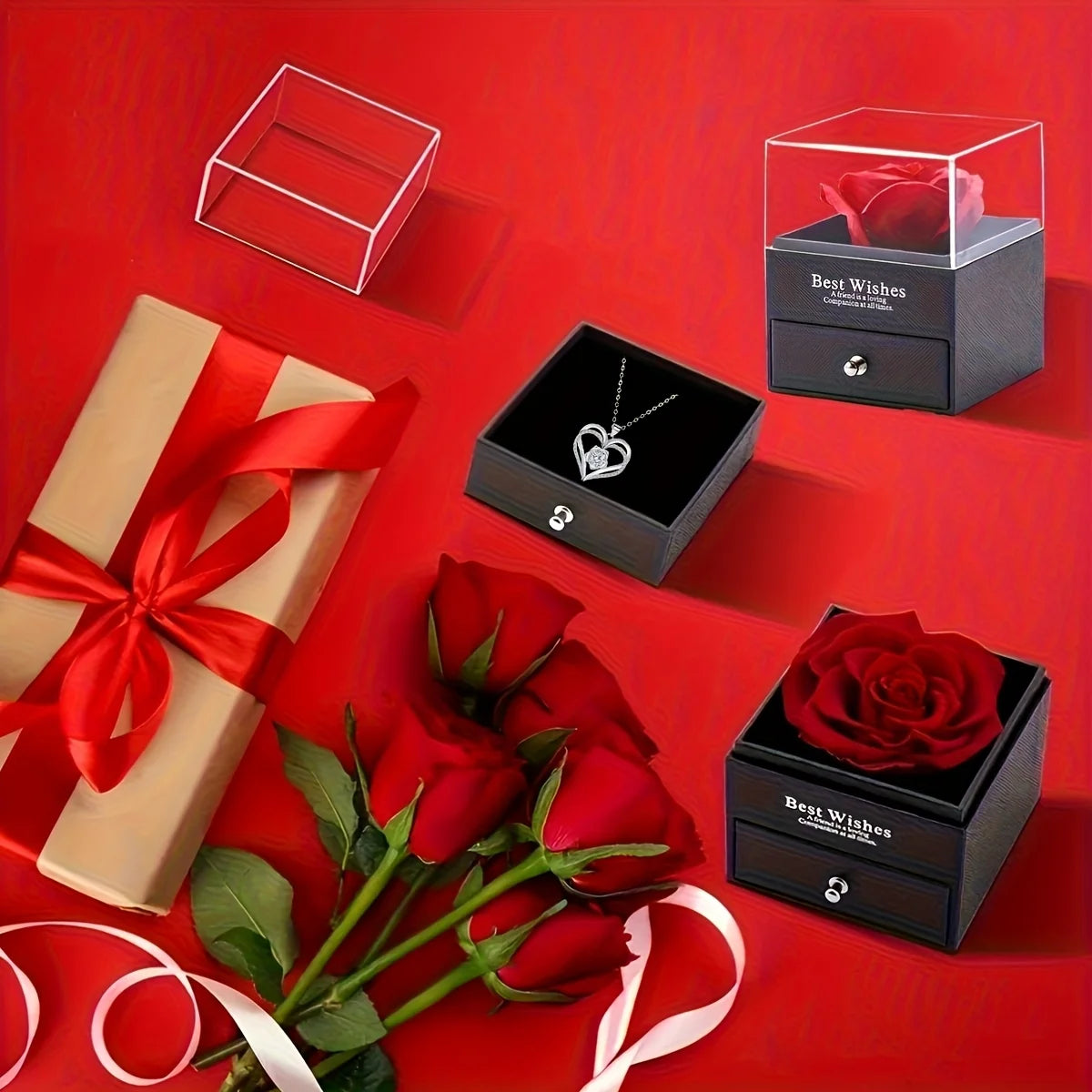 Permanent Rose Gift Box – Naszyjnik z Wieloma Zawieszkami i Wieczną Różą | Elegancka Biżuteria dla Kobiety, Prezent dla Mamy, Partnerki lub Przyjaciółki